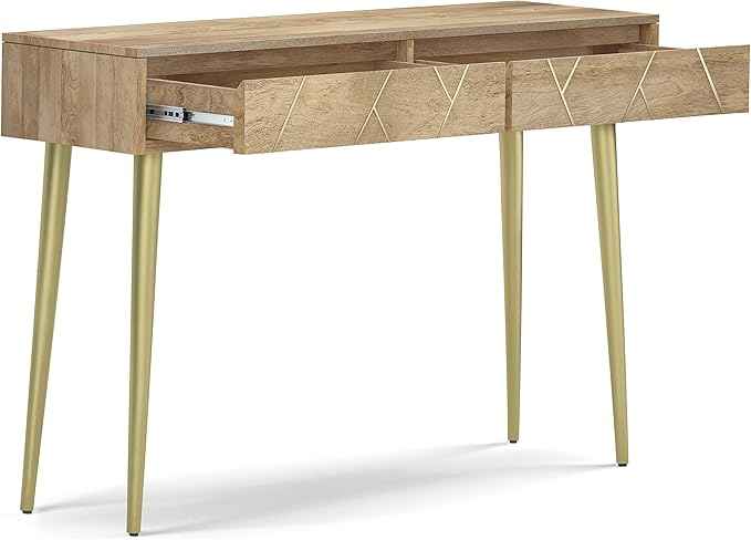 SIMPLIHOME Jager Console Table - 48 Inch Wide Solid Mango Wood Sofa Table in Natural, Mid-Century Modern Storage Table for Entryway or Living Room with 2 Drawers, Brass Inlay, and Gold Metal Legs