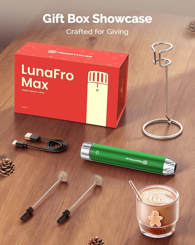 Maestri House LunaFro Max Rechargeable Milk Frother with Stepless Speed Control, Handheld Electric Foam Maker with Stand and Detachable Whisks for Lattes and Cappuccino, Ideal Gift, Christmas Green