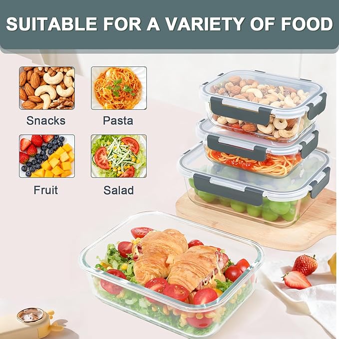 KOMUEE 52oz & 22oz Glass Food Storage Containers Set with Airtight Lids, BPA-Free, 4 Pack Meal Prep Containers for Baking, Serving - Freezer, Microwave, Oven, Dishwasher Safe