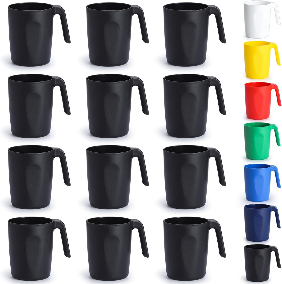 Kyraton Plastic Mug Set 12 Pieces, Black Unbreakable And Reusable Light Weight Travel Coffee Mugs Espresso Cups Easy to Carry And Clean, Dishwasher Safe