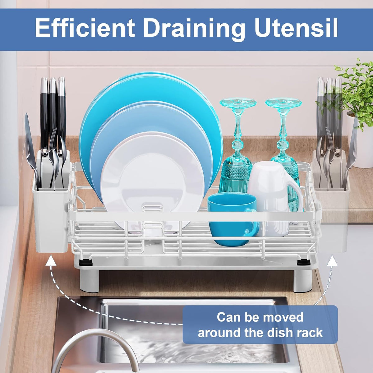 MOUKABAL Dish Drying Rack, Dish Rack, Large Dish Racks for Kitchen Counter, Drying Rack Kitchen with Removable Utensil Holder, Drainboard 16.9" x 12.9" x 5.9"(White)