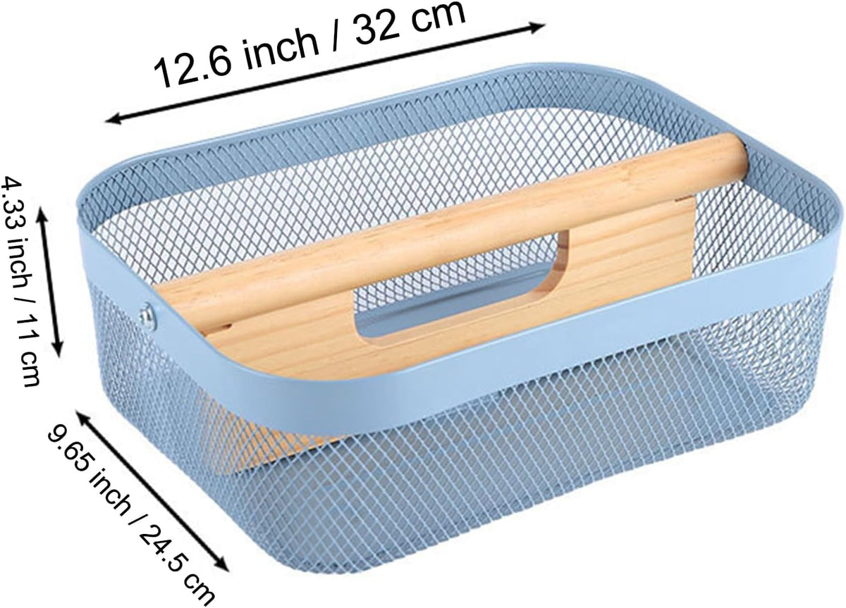 Metal Mesh Steel Storage Basket, Garden Harvest Wire Organizer Basket Multi-functional Kitchen Fruit Basket with Wooden Removable Partition & Handle for Bathroom Picnic Decor Cabinet, Blue