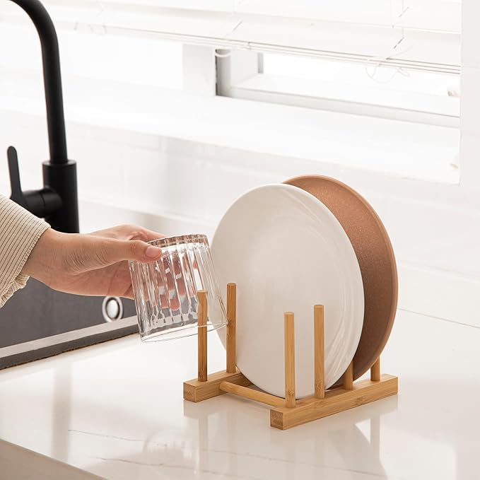 HBlife Bamboo Dish Plate Bowl Cup Book Pot Lid Cutting Board Drying Rack Stand Drainer Storage Holder Organizer Kitchen Cabinet（Keep Dry）