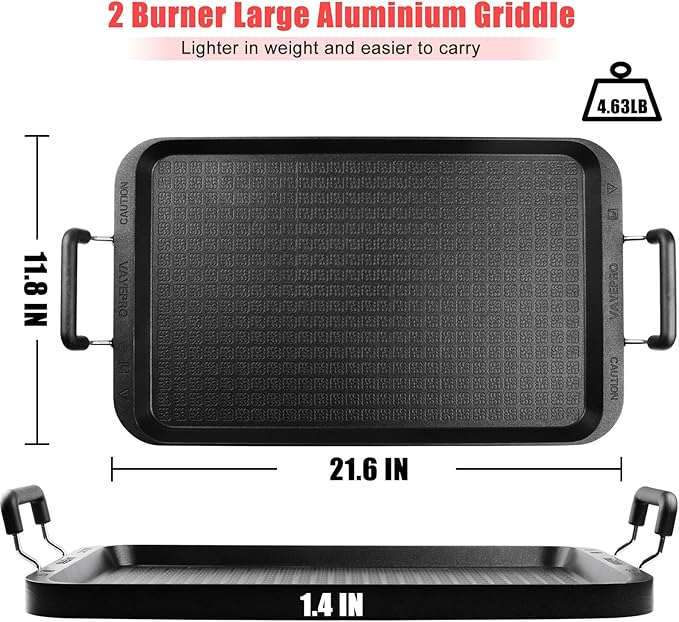 Vayepro Stove Top Griddle, 22 Inch 2 Burner Large Grill Pan for Stove Top, Non-Stick Aluminum with Handles, Indoor Outdoor Cooking/Camping