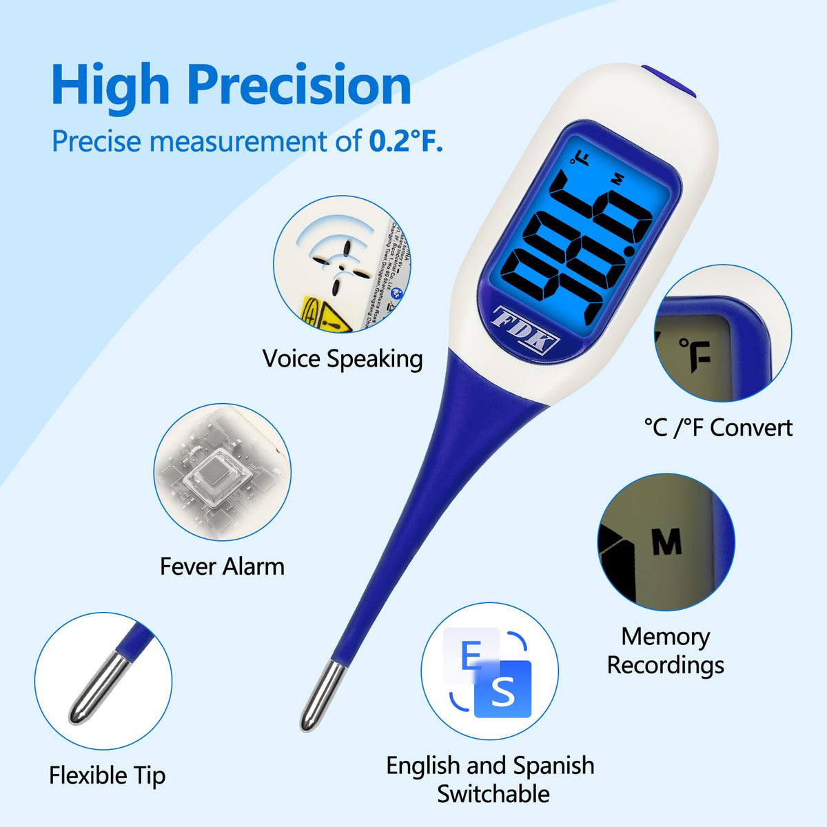 Large LCD Screen Digital Thermometer for Fever, 10 Seconds Fast & Accurate Readings, Large LCD Dual Color Backlight Flexible Tip Ideal for Adults Kids and Babies