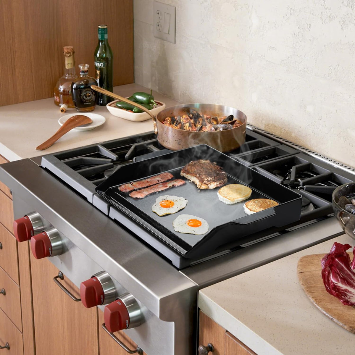 Onlyfire Universal Enamelled Cast Iron Cooking Griddle, Nonstick Coating Griddle Flat Top Grill Plate with Extra High Sidewalls for All Gas Grills and Range Oven, 18.5" x 14"