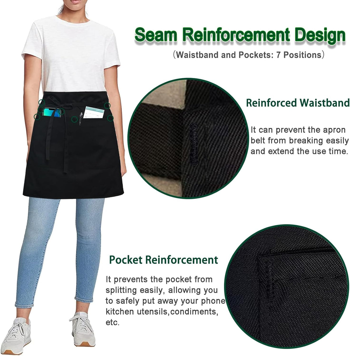 4 Pack Short Server Waitress Chef Apron, Black Waist Aprons with 3 Pockets for Women Men, Half Apron for Waiter Cooking Dishwashing Cleaning Painting Gardening Barbecue (Polycotton - Black)