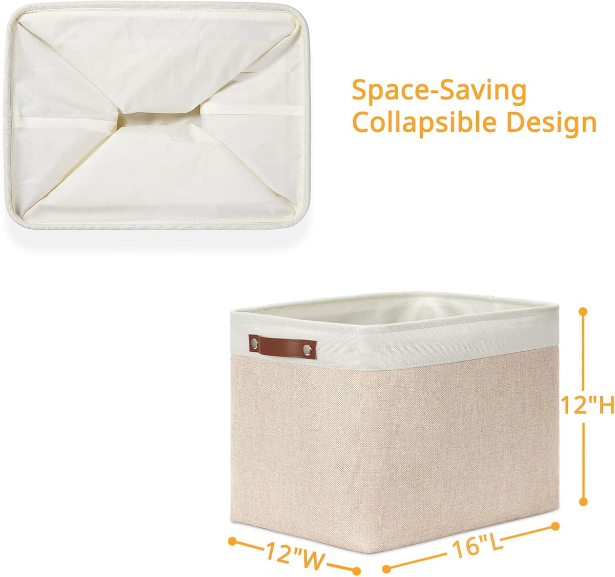 DULLEMELO 2-Pack Large Storage Baskets for Organizing 16"x12"x12" Canvas Fabric Storage Basket Bins With Leather Handles for Shelf Clothes Empty Gift Basket (White&Khaki)
