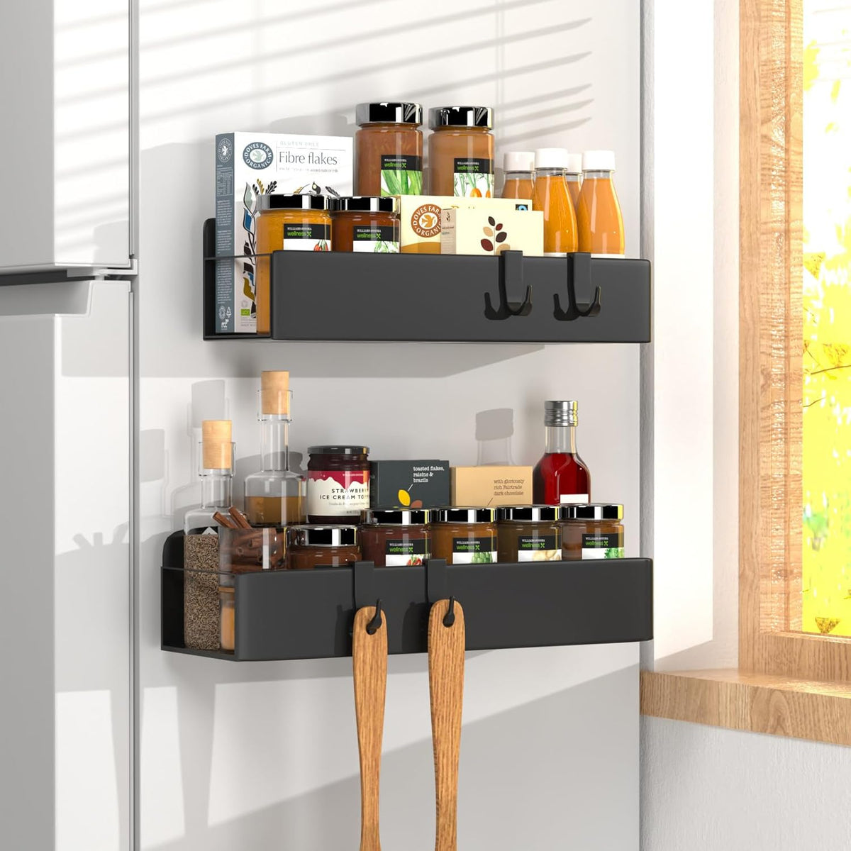 2 Pack Magnetic Spice Rack for Refrigerator,Metal Magnetic Shelf Black with 2 Jars,1 Label,4 Hooks,Space Saving for Home,Kitchen