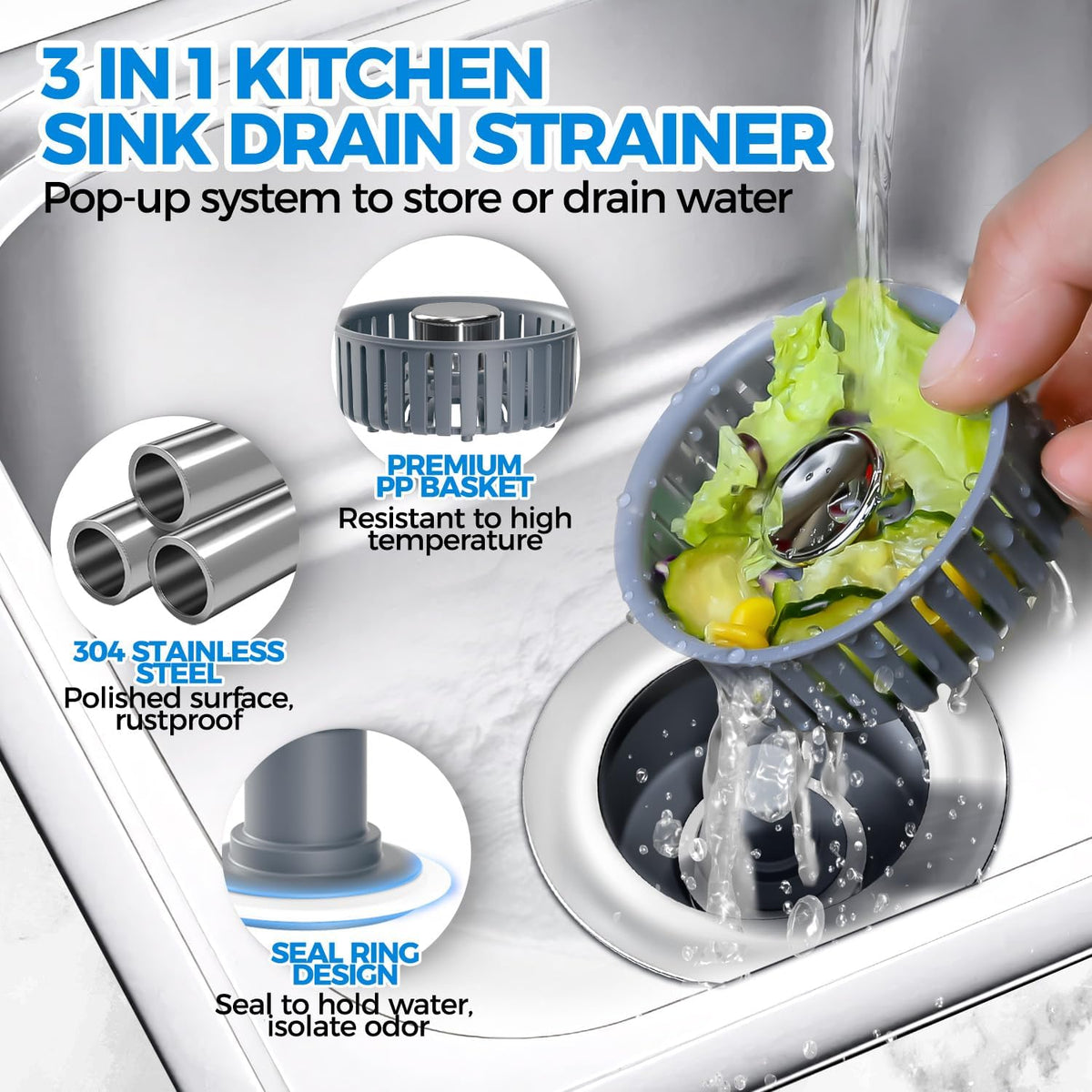 zaa Kitchen Sink Drain Strainer - Kitchen Sink Stopper, Stainless Steel Kitchen Drain Plug & Cover with Anti-Clogging Basket Strainer, Fit US Standard 3-1/2'' Sink Drain Hole, Silver
