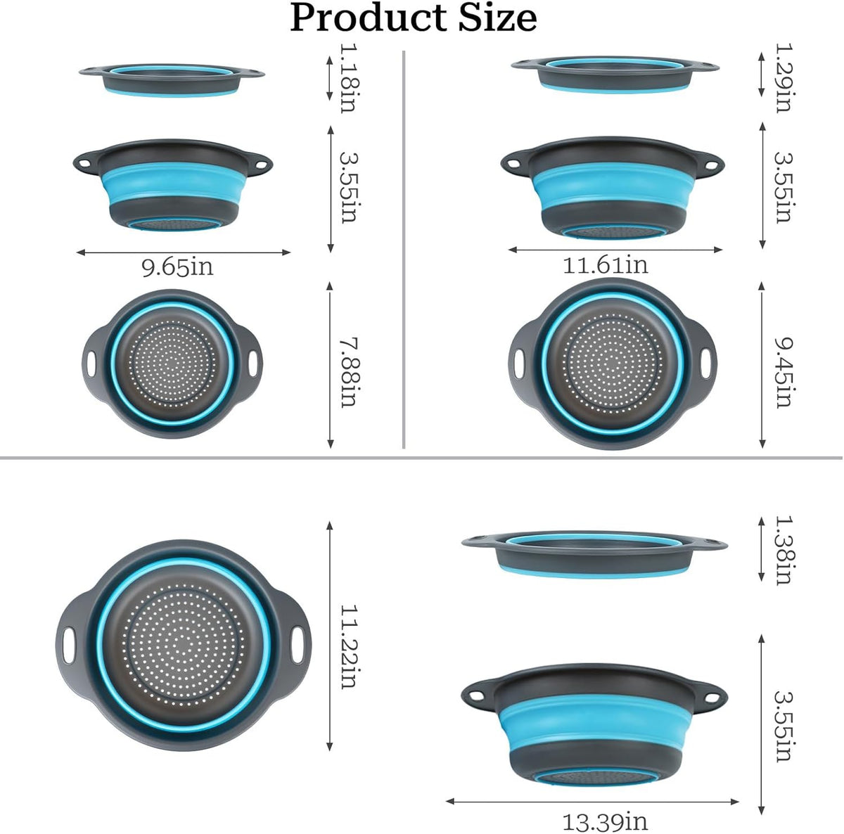 Collapsible Colander 3-Pack Set Space-Saving Foldable Kitchen Strainer with Non-Slip Base Durable Thickened PP+TPE Collapsible Strainers for Pasta, Vegetables, Fruits (Gray-Blue)