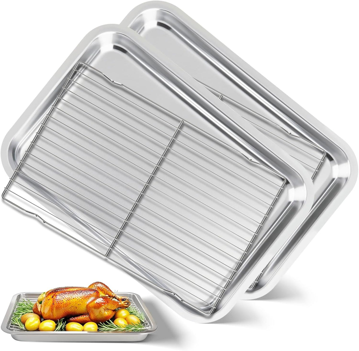 Baking Sheet with Rack Set of 4 (2 Pans + 2 Racks), 16 x 12 x 1 Inch Stainless Steel Cookie Pan with Cooling Rack, Non Toxic & Dishwasher Safe & Easy Clean for Baking, Cooling, Meats, Veggies
