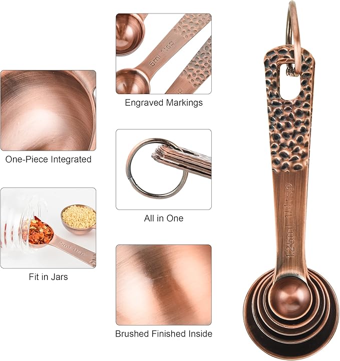 Copper Measuring Cups and Spoons Set, Stainless Steel Measuring Cups and Spoons Set for Baking and Kitchen, Measuring Cups Set with 3/4 Cup Measuring Cup