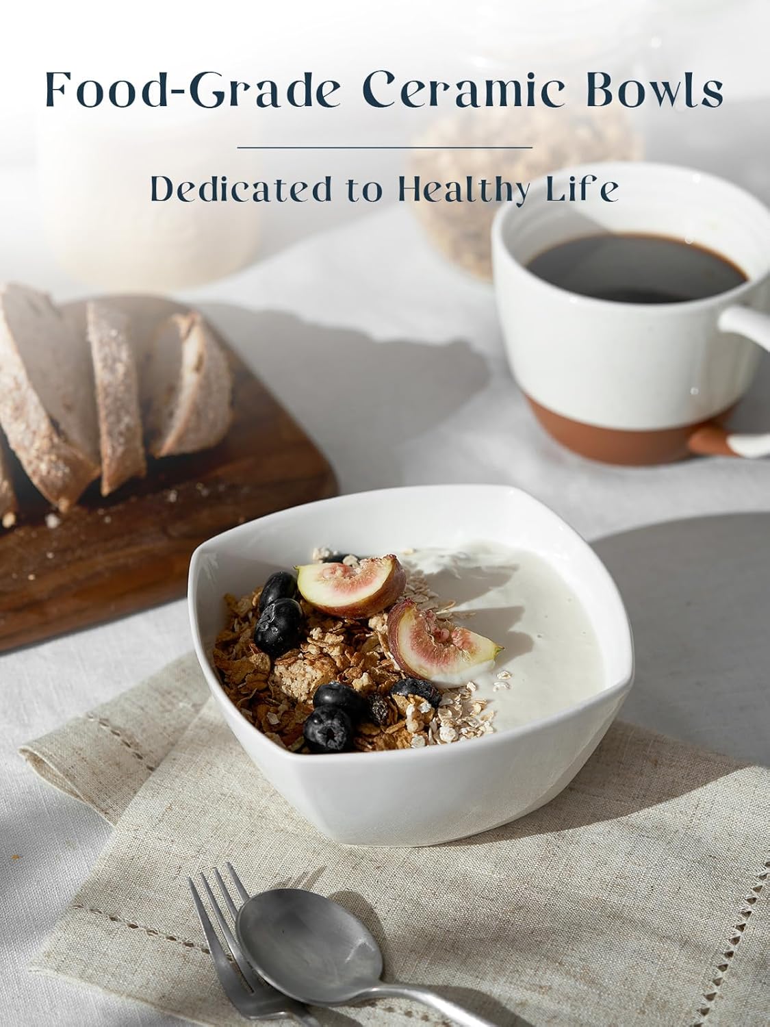 DOWAN Porcelain Soup Bowls Set of 6, 27 OZ Ceramic Square Cereal Bowls, White Bowl, for Ice Cream and Dessert Snack, Wedding Party Gift, Microwave Safe Bowl