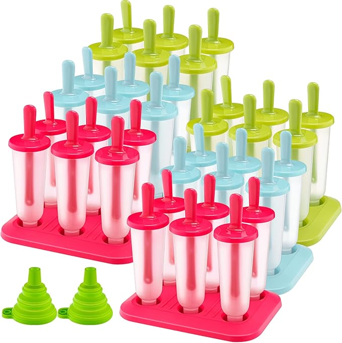 Bokon 6 Sets 36 Pcs Ice Cream Mold, BPA Free Kids Food Grade Reusable Plastic Ice Cream Tray Holder with Sticks, Easy Release Ice Pop Maker with Funnel and Brush, 3 Colors for DIY Freezer Homemade