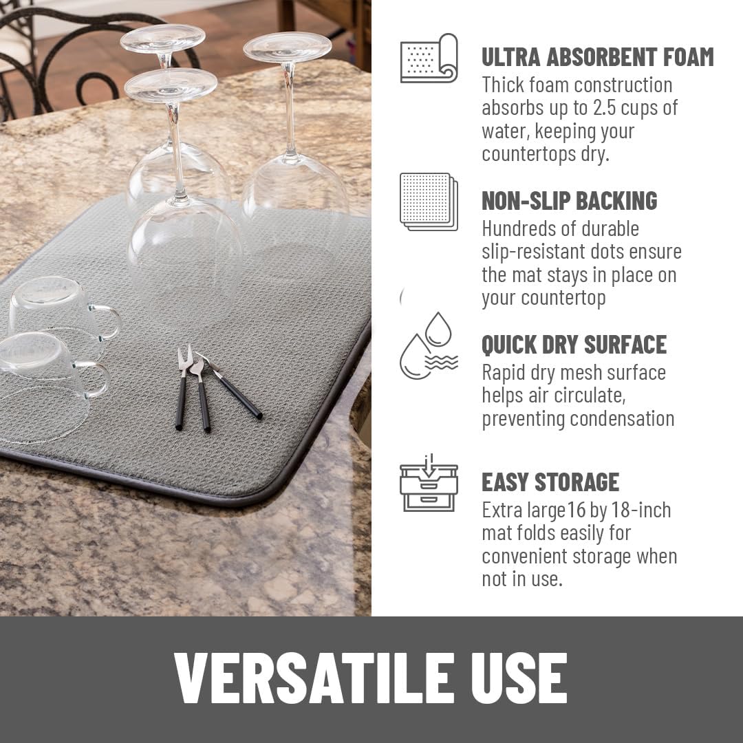 Bellemain XXL Dish Mat Microfiber Dish Drying Mat, Super absorbent (Grey, 16" x 18")