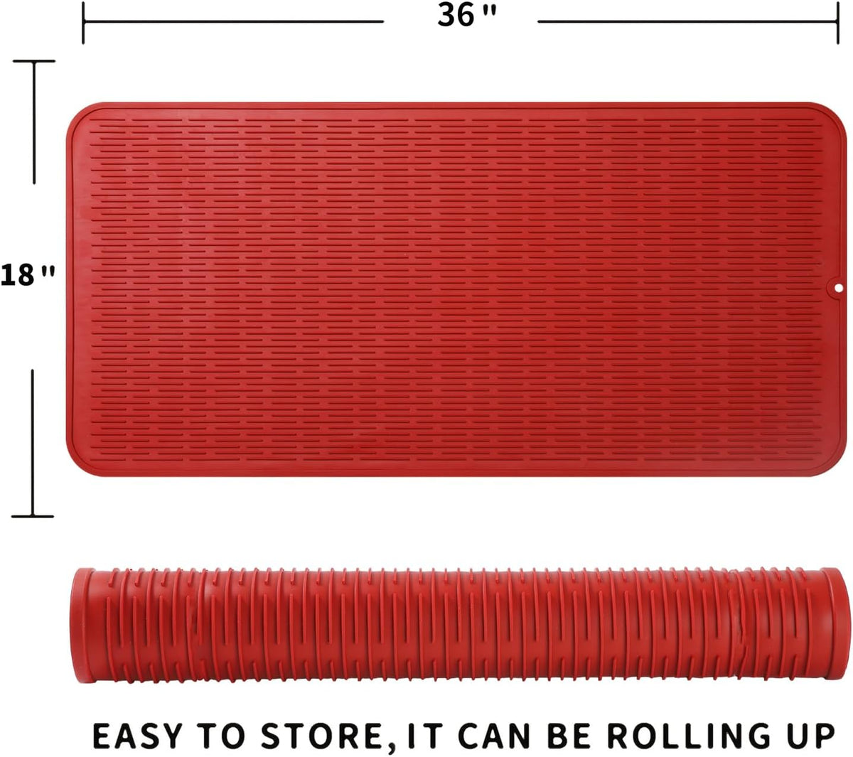Silicone Dish Drying Mat for Multiple Usage,Easy clean,Eco-friendly,Heat-resistant Silicone Mat for Kitchen Counter or Sink,Refrigerator or Drawer Liner Red 5XL 36inches x 18inches
