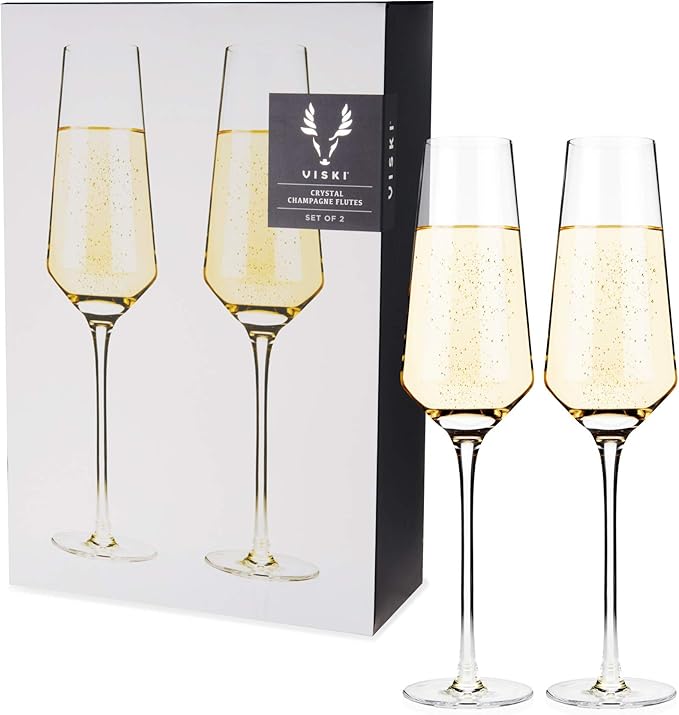 Viski Raye Crystal Angled Champagne Flutes, Elegant Crystal Clear Champagne Glasses Gift Set for Sparkling Wine, Prosecco, Mocktails, Housewarming, Wedding Gifts, Home Bar, 8 oz, Set of 2