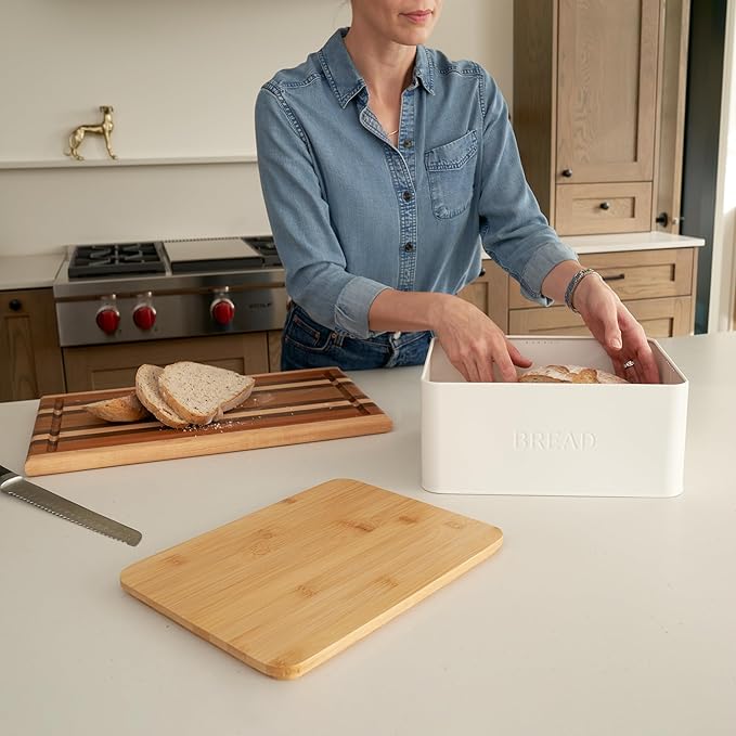 ZICOTO Beautiful Bread Box With Wooden Lid For Your Kitchen Countertop - Spacious Container Perfectly Stores Your Homemade Bread, English Muffins & Bagels - Quality Cutting Board Lid Keeps Loaf Fresh