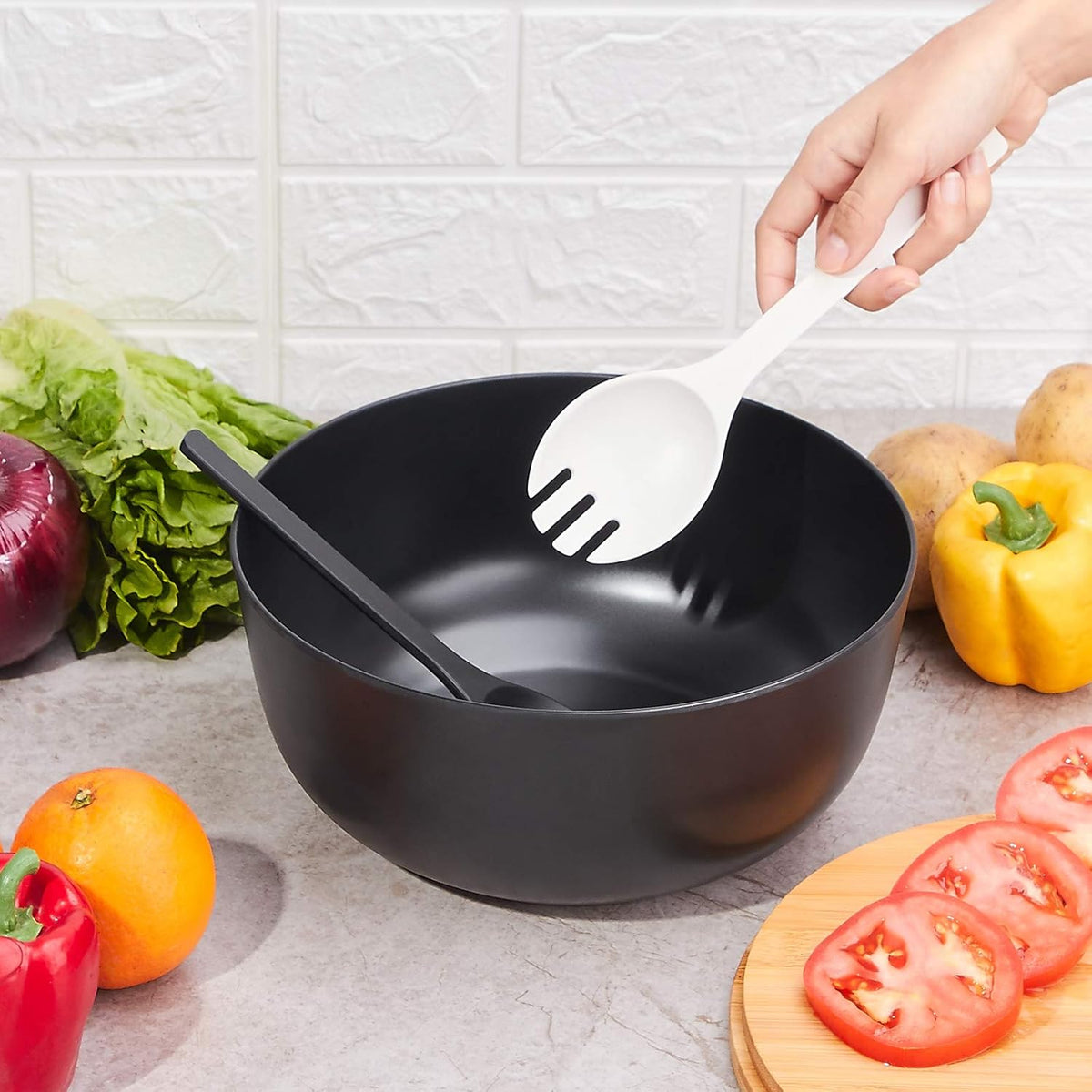 10" Large Salad Serving Bowl with Utensils in Lid, Bamboo Fiber Salad Bowl with Lid, Mixing Bowl with Servers set for Pasta,Fruit,Veggies,Popcorn to Replace Wooden Bowls - Matte Black
