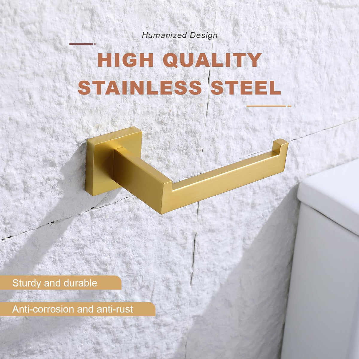 TASTOS Toilet Paper Holder Brushed Gold, Toilet Tissue Roll Holders Dispenser and Hangers Wall Mounted for Bathroom & Kitchen, Stainless Steel Modern Square Style 2 Pack