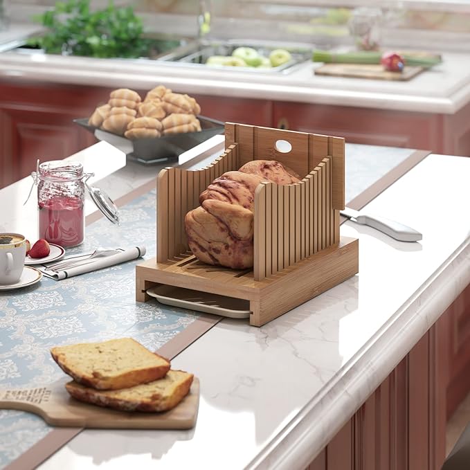 Bamboo Bread Slicer - Adjustable Width Guides. Sturdy Wooden Cutting Board. Easy Slicing for Homemade Bread, Bagels & More