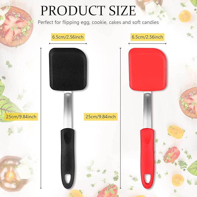 Silicone Cookie Spatula Turner 2 Pack Mini Brownie Spatula Flexible Kitchen Small Silicone Turner for Nonstick Cookware Heat Resistant No Scratch Flipper for Egg Pancake(Black, Red)