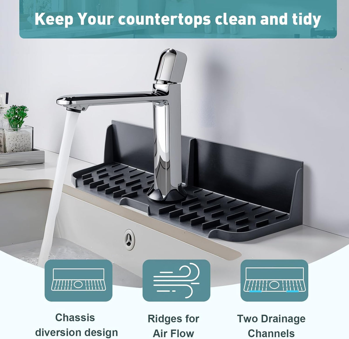 Silicone Kitchen Sink auto Drain Organizer, Kitchen countertop and Sink Splash Guard.Kitchen Sponge Rack and organizing Shelf，Suitable for Cleaning Tools, dispensers, Bottles, Cups (Transparent)