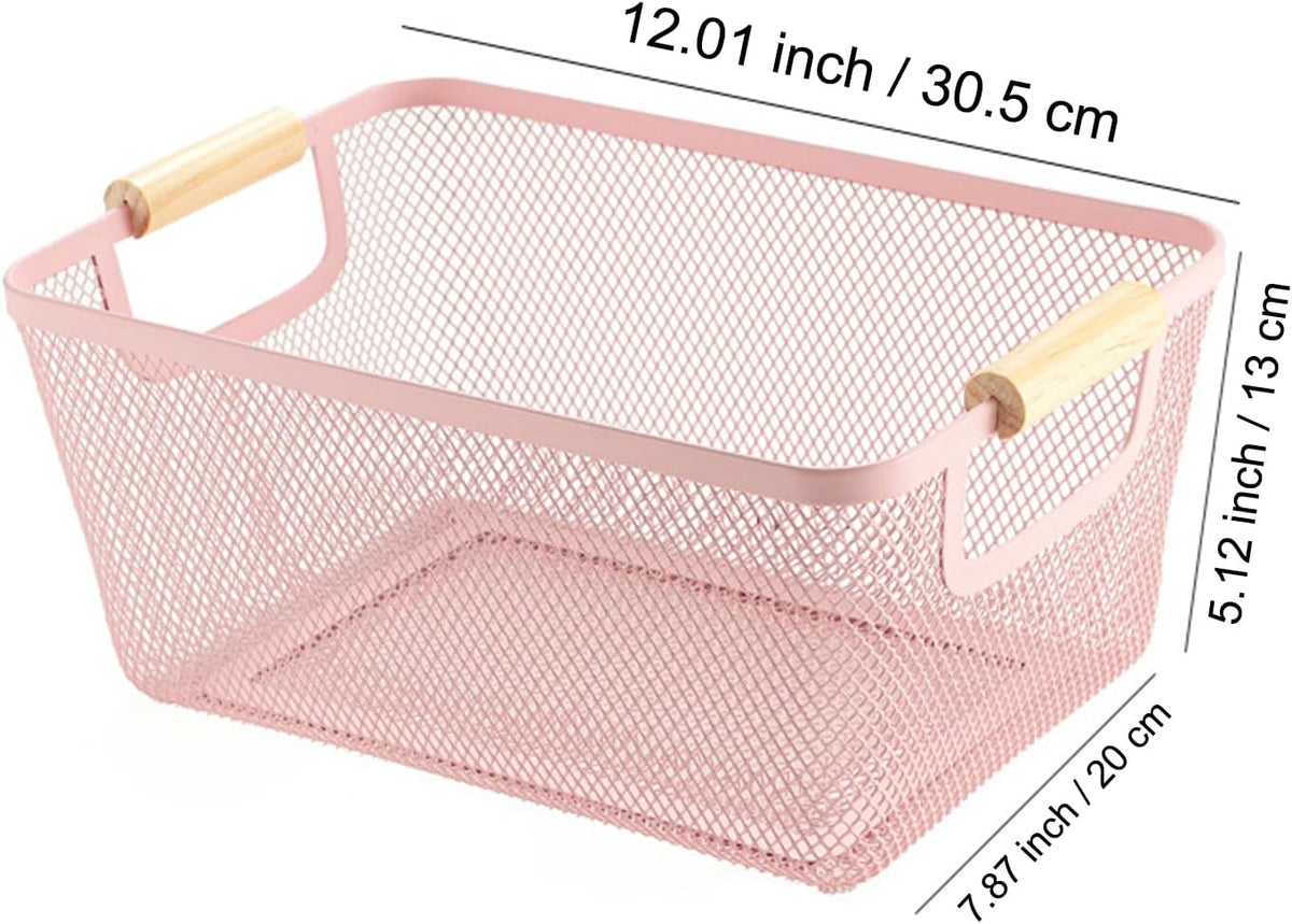 Metal Mesh Steel Basket, Medium Wire Storage Organizer Basket Multi-function Hanging Kitchen Basket with Wood Handle for Kitchen Bathroom Picnic Home, Rectangle-Pink