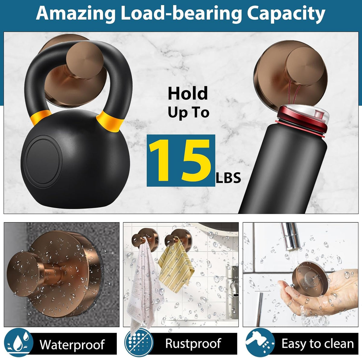 Suction Cup Hooks for Shower, 2 PCS No-Drill Towel Holder for Bathrooms Wall, Glass Door, Mirror, Tiles, Kitchen, Hold Robe & Wreath, Hanging up to 15 lbs – Waterproof & Rustproof, Loofah-Gold Rose