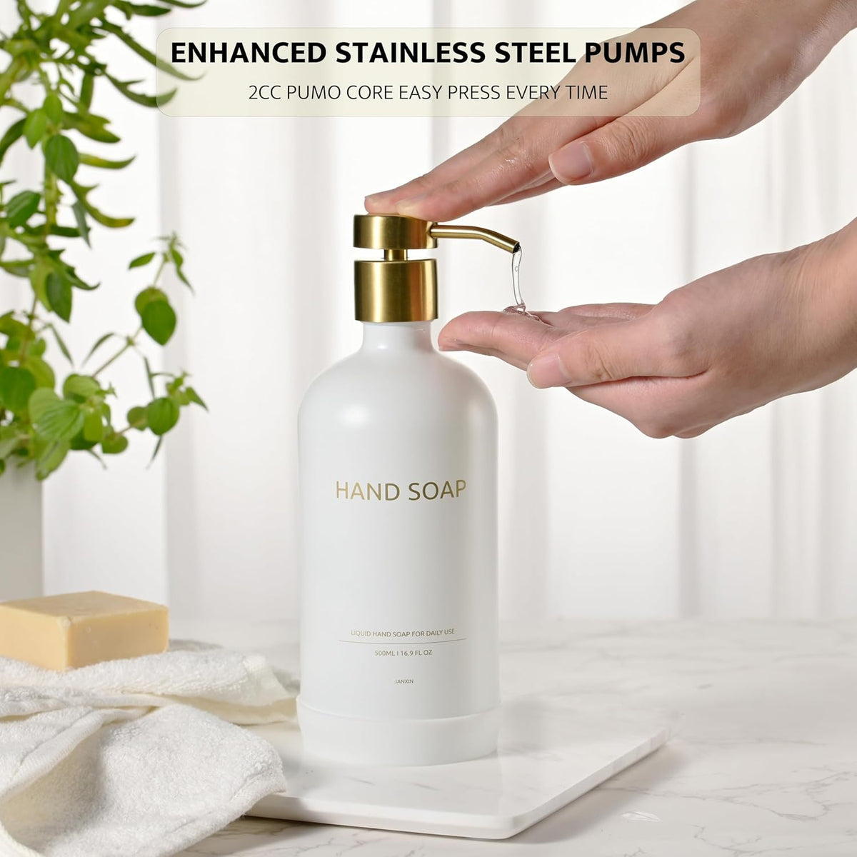 Glass Soap Dispenser Set with Ceramic Tray, 16.9 floz Hand and Dish Soap Dispenser for Bathroom Decor, White and Gold Kitchen Accessories (White Bottles + Gold Pumps)
