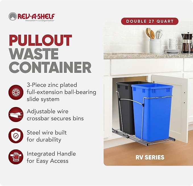 Rev-A-Shelf Pullout Trash Can for Kitchen Cabinets 27 Qt Garbage Recycling Bin with Full Extension Slides, Blue/Black, RV-15KD-2218C-S