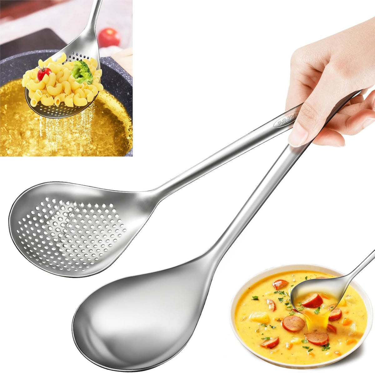 Large Serving Cooking Spoon Set, Stainless Steel Soup Gravy Ladle, Solid Slotted Metal，for Mixing, Serving, Stirring (2-Piece)