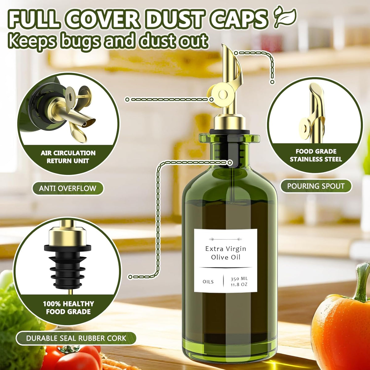 COOLMI Oil Dispenser for Kitchen - 12oz/350ml, Set of 2 Extra Thick Food Grade Glass Olive Oil Dispenser Bottle with Cleaning Brush, Stickers and Funnel (Gold)