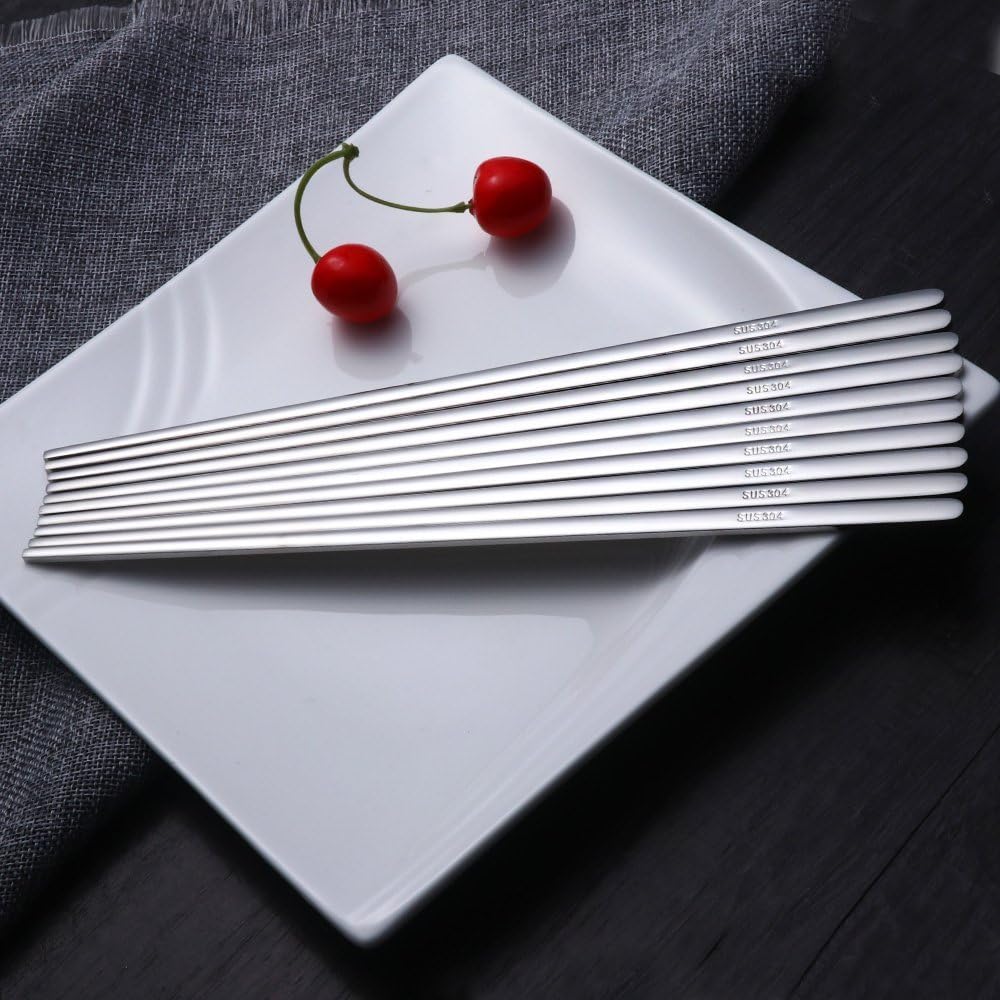 Buyer Star 5 Pairs Silver Flat Chopsticks - Reusable Metal Stainless Steel Chinese Chopsticks Set with Case