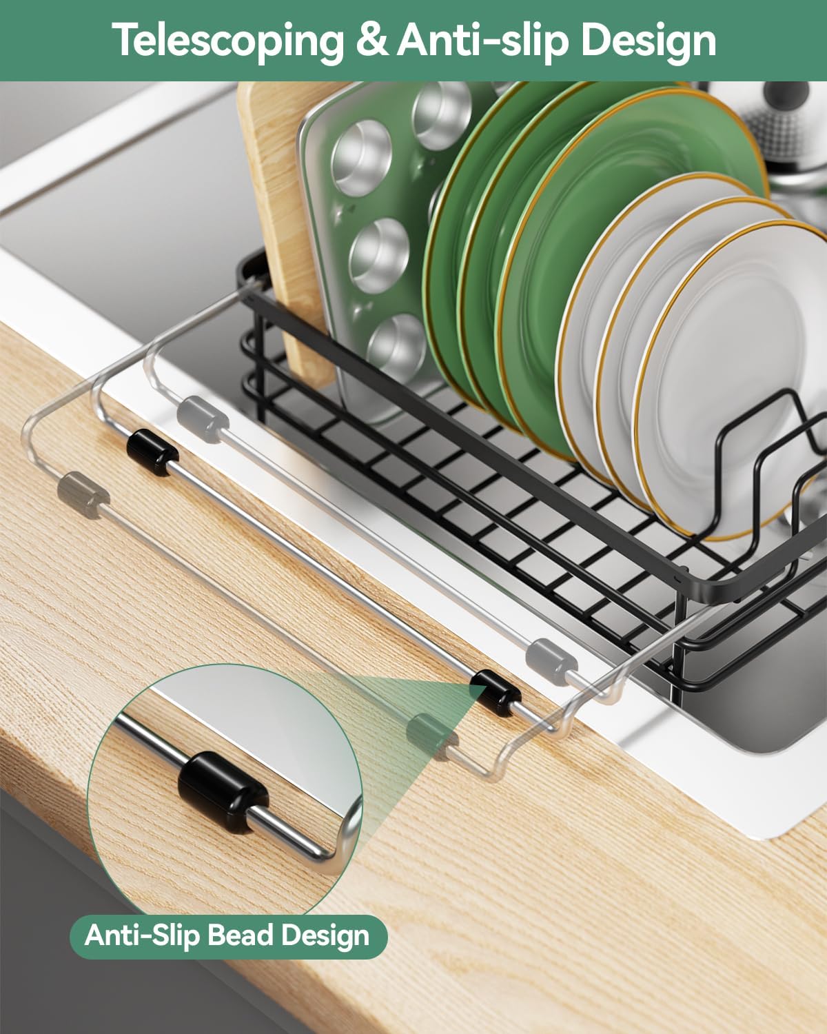 Expandable in Sink Dish Drying Rack - Adjustable Capacity (11.1''-18.43 ''L) Over Sink Dish Drainer Drying Rack for Kitchen Counter, Dish Rack with Utensil Holder