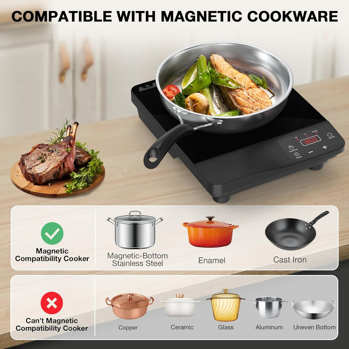 Portable Induction Cooktop 1800W,110V Single Burner Induction Burner & Fry Pan, Hot Plate Stove Electric Burner LED Touch Control & 4H Timer, 8 Power 8 Temperature Setting for Cooking