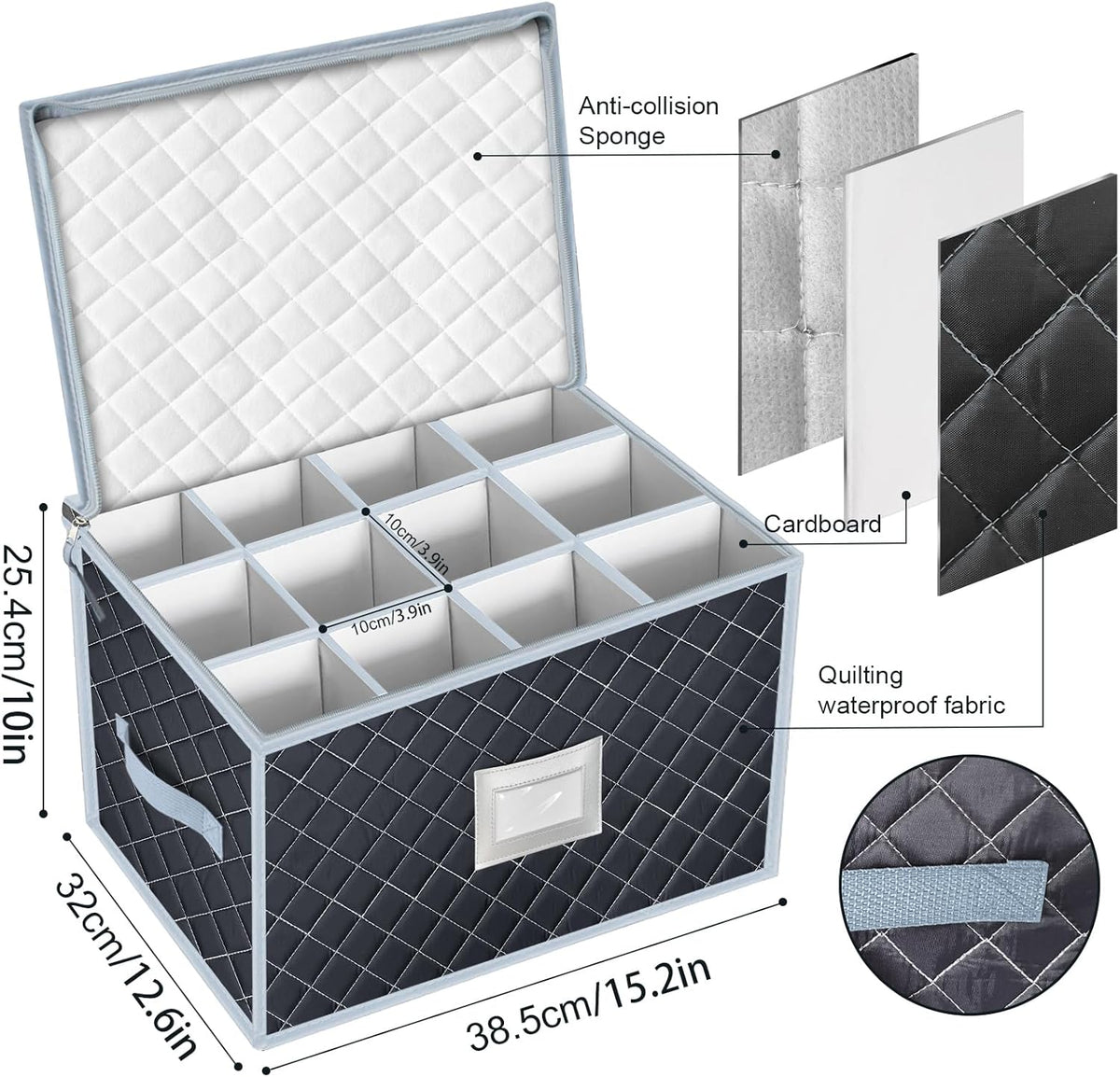 VERONLY Wine Glass Storage Box with Dividers Holds 24 Stemware Storage Cases or China Crystal Glassware Containers with Handles and Lable Window (15.5" x 12.5"x10")-Set of 2 Grey