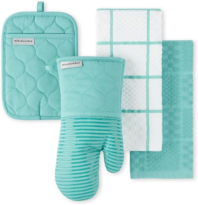 KITCHENAID Quilted Cotton Terry Cloth Oven Mitt, Pot Holder, Kitchen Towel 4-Pack Set, Heat Resistant, Silicone Grip, 16"x26", 7"x13" & 7"x10", Aqua Sky