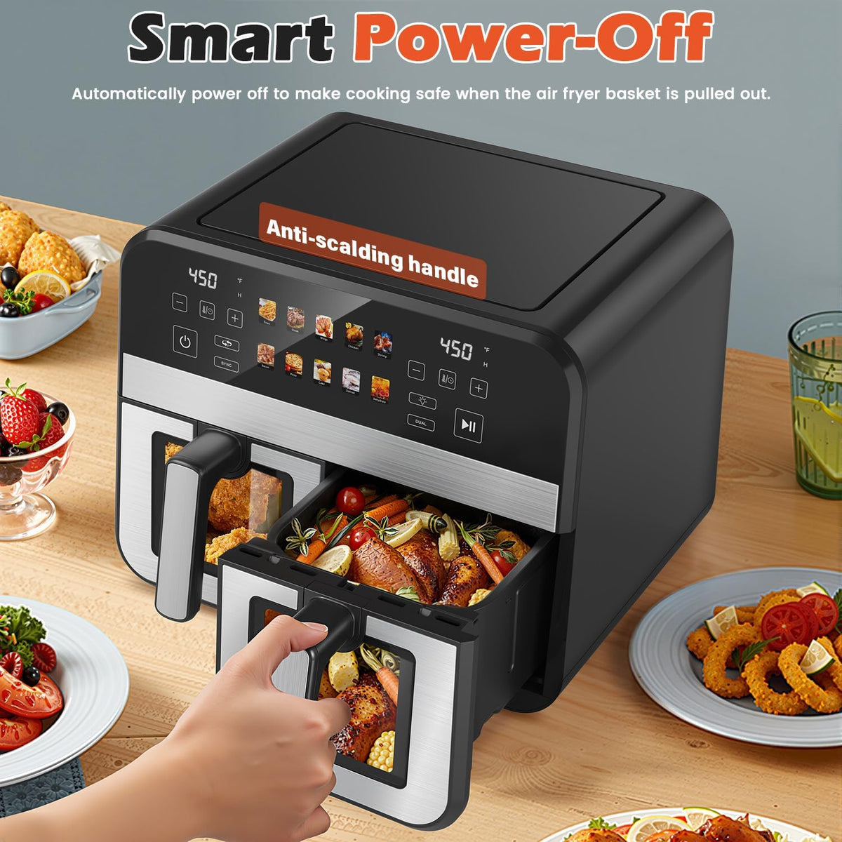 10QT Dual Basket Air Fryer, 12-in-1 Digital Air Fryer Oven with Visible Windows, 5QT x 2 Drawers, One-Touch LED Panel, Sync Finish, Dehydrate, Defrost, Roast, Bake, Reheat, Nonstick & Dishwasher Safe