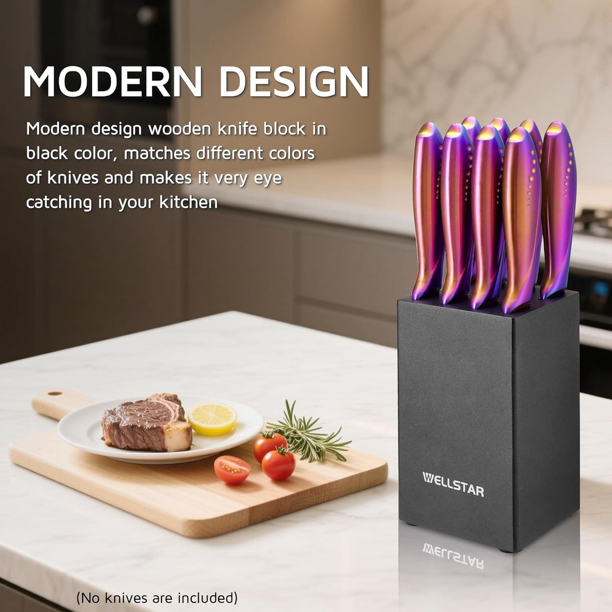 WELLSTAR 5-Inch Steak Knife Holder Only– Wooden Knife Block with 8 Slots (No Knives Included) – Compact, Space-Saving Design for 5" Steak Knives – Sturdy Wood Storage Organizer