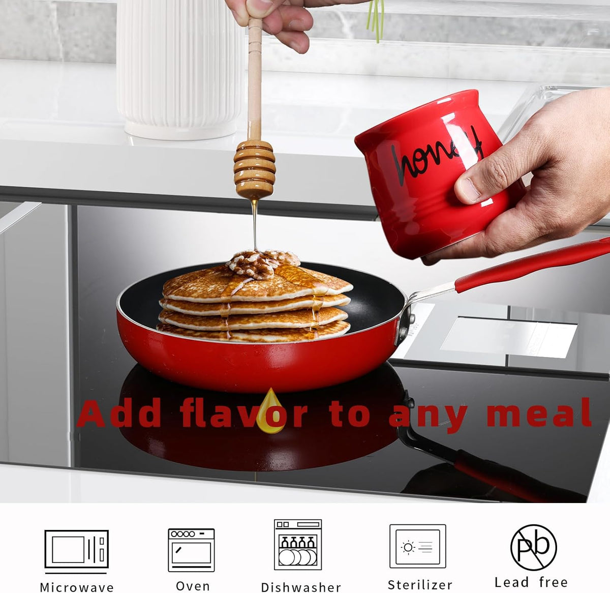 ONTUBE Honey Jar with Dipper and Lid, Ceramic Honey Pot 12oz (Red)