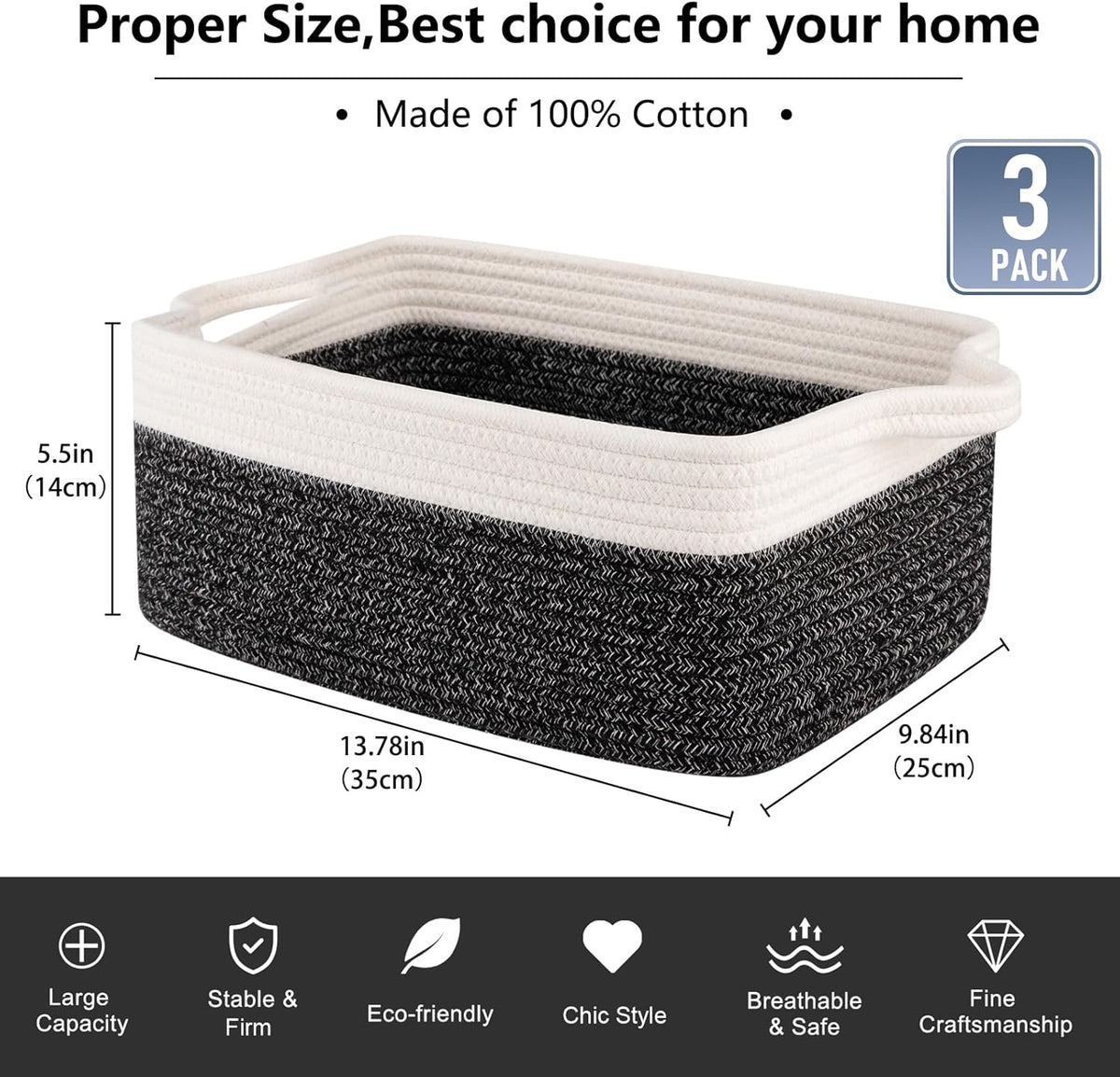 OIAHOMY 3 Pack Storage Baskets for Organizing, Woven Cotton Rope Basket for Shelves, Closet Organizer Bins with Handles, Rectangle Toy Organization, 13.78''×9.84''×5.5'', Black & White