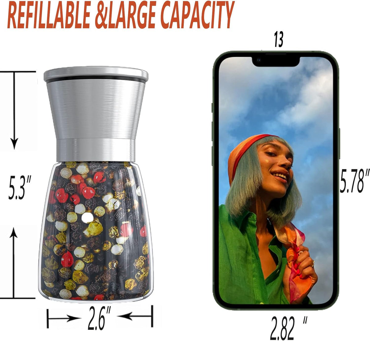 Professional Pepper Grinder - with Germany Hardened Carbon Steel Mechanism Rotor, Refillable Pepper Mill 6OZ Glass Adjust Coarseness (1PCS-Sliver-304）