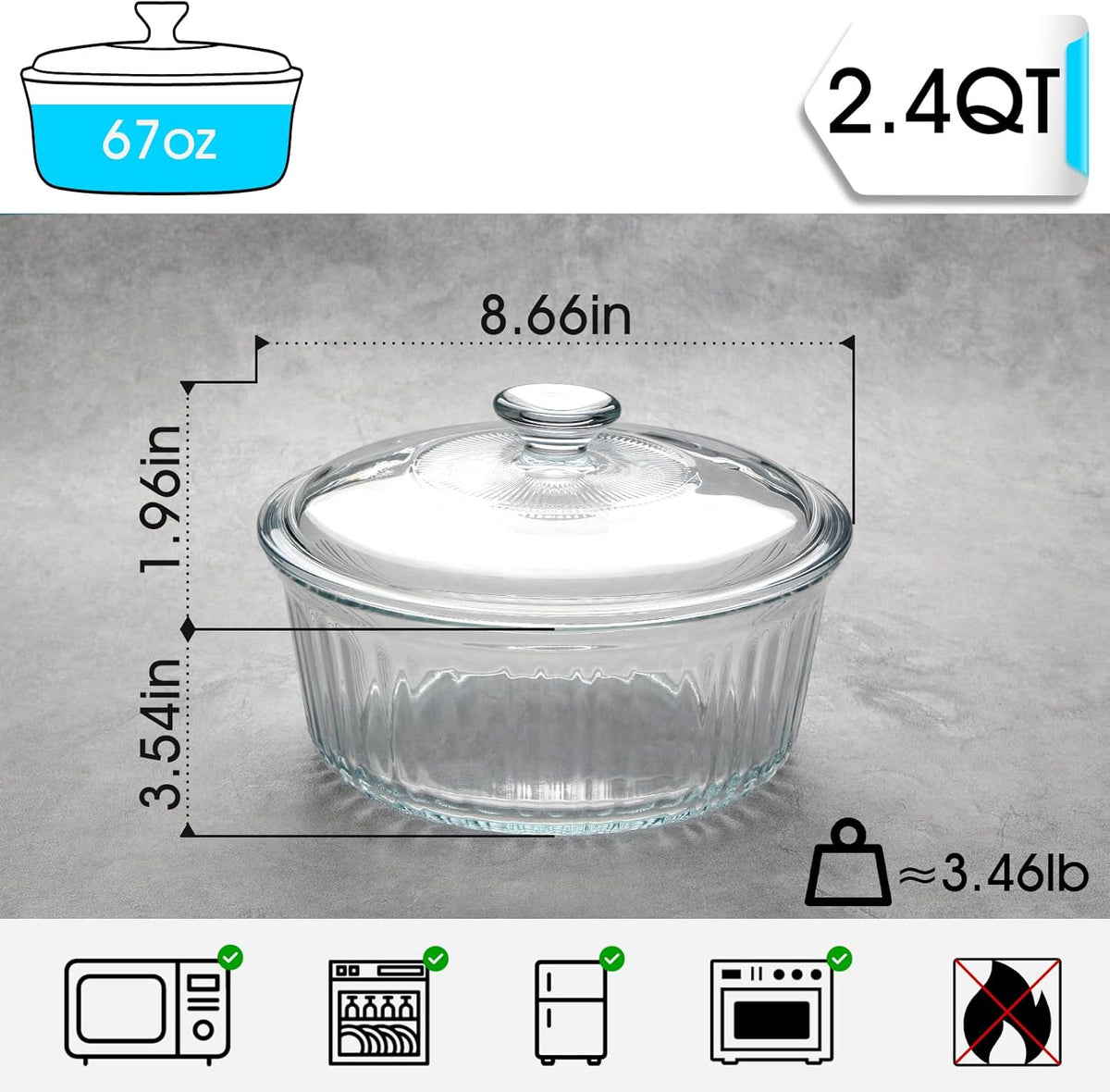 NUTRIUPS 2.4QT Glass Casserole with Lid, Borosilicate Glass, Round, Oven-Safe Baking Dish