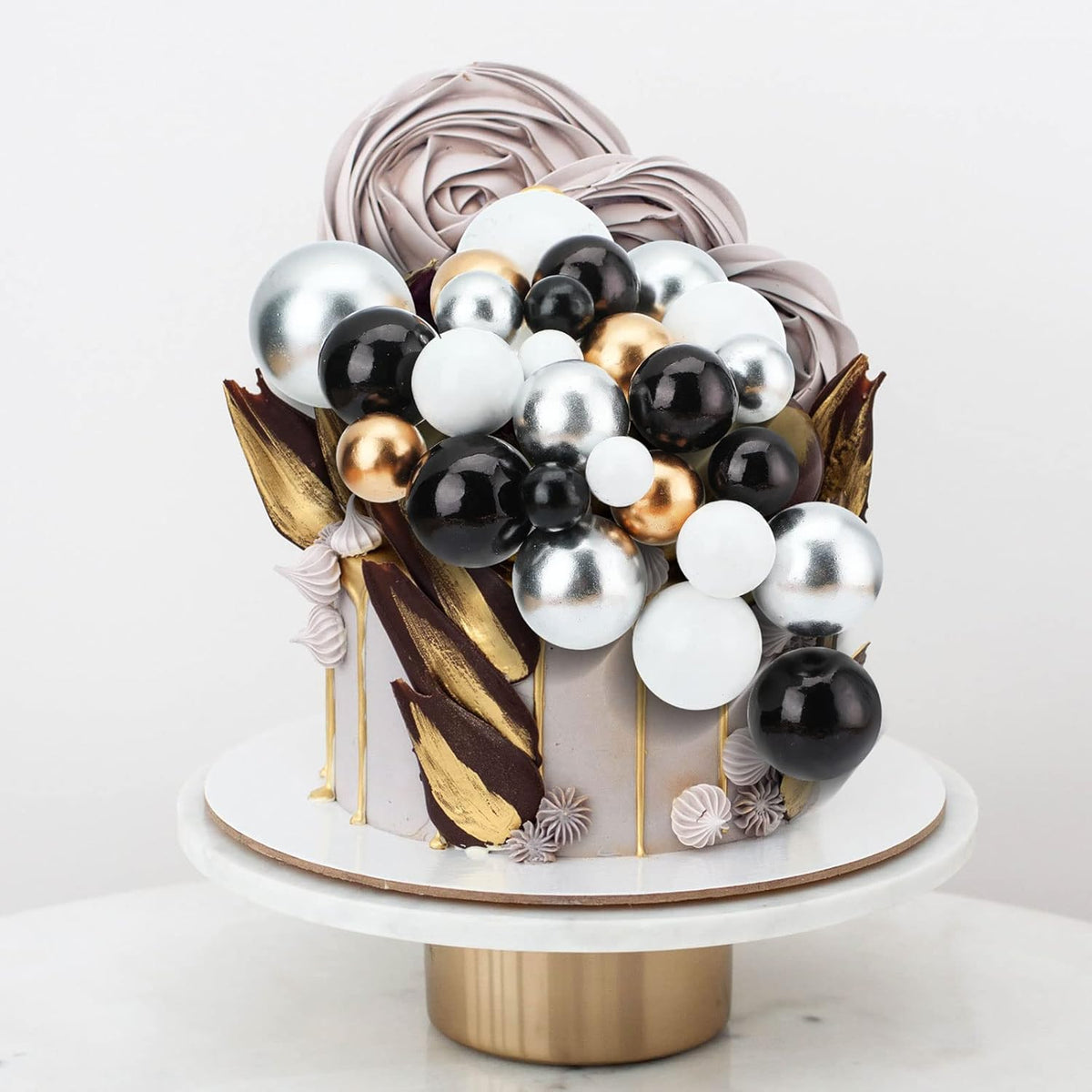 108 Pcs Balls Cake Topper DIY Cupcake Insert Foam Balloons for Cake Baking Wedding Anniversary Birthday Decoration(Black, Silver, White, Gold,Multi Sizes)