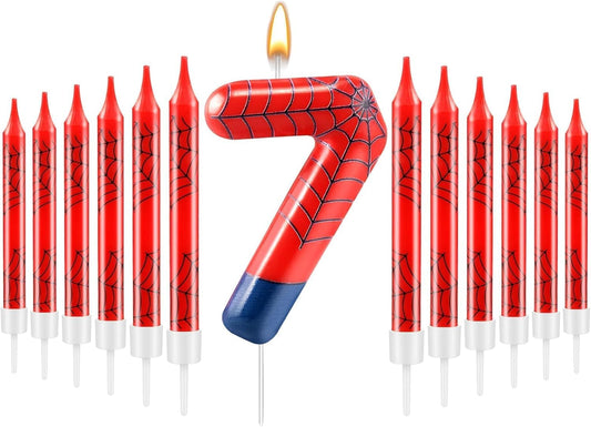 13 Pcs Spider Themed Birthday Candle Set Red Spider Theme Number 7 Candle Cake Topper for Boys Girls Birthday Decoration Spider Party Decoration Supplies (Number 7)