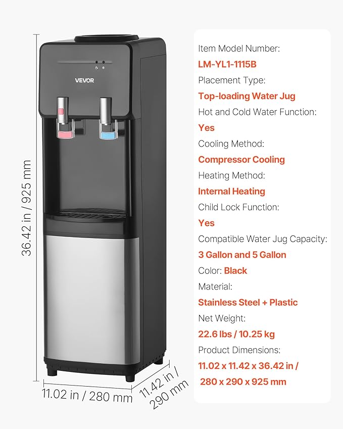 VEVOR Top Loading Water Cooler Dispenser, Hot and Cold Water Dispenser for 3 or 5 Gallons Bottles, Sturdy Stainless Steel and Child Security Lock, Ideal for Homes, Kitchens, Offices, Dorms, Black