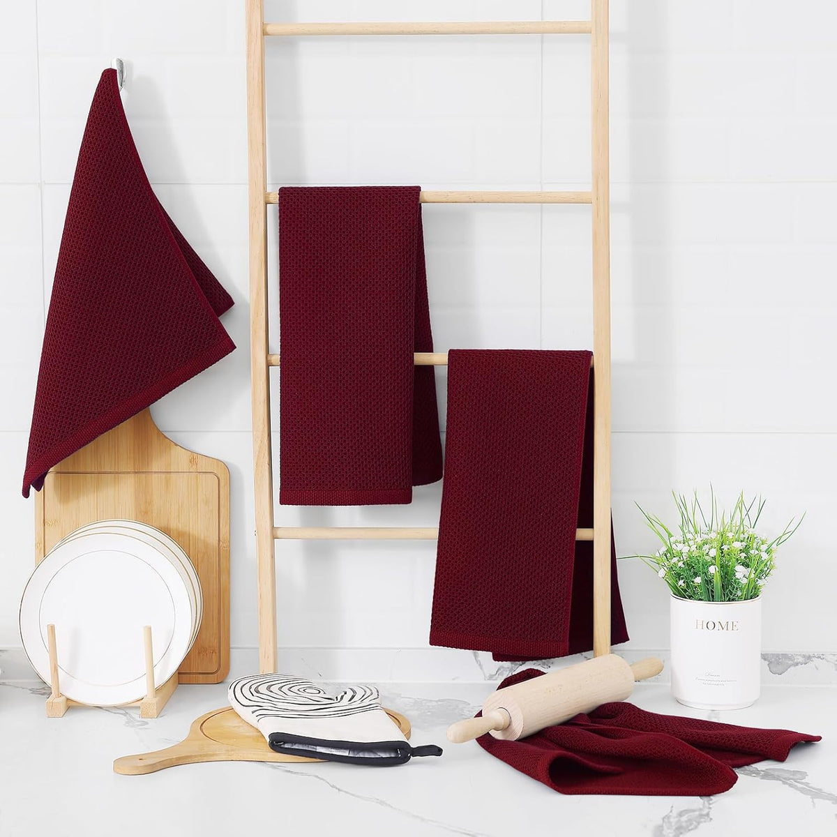 Homaxy 100% Cotton Waffle Weave Kitchen Dish Towels, Ultra Soft Absorbent Quick Drying Cleaning Towel, 13 x 28 Inches, 6-Pack, Burgundy