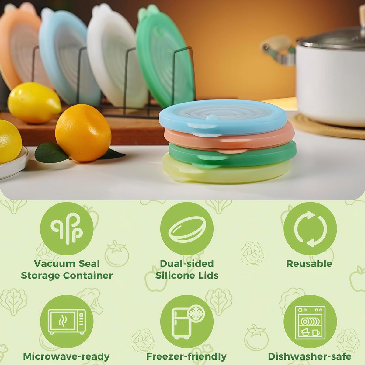 Silicone Reusable Vacuum-Seal Storage Containers for Fridge,Fresh Fruit,Vegetables,Garlic,Onions,Lemons,Potatoes,Meat,for Microwave Oven Heating,Freezer,Dishwasher,Avocado Saver,Tomato Holder,4 Pack